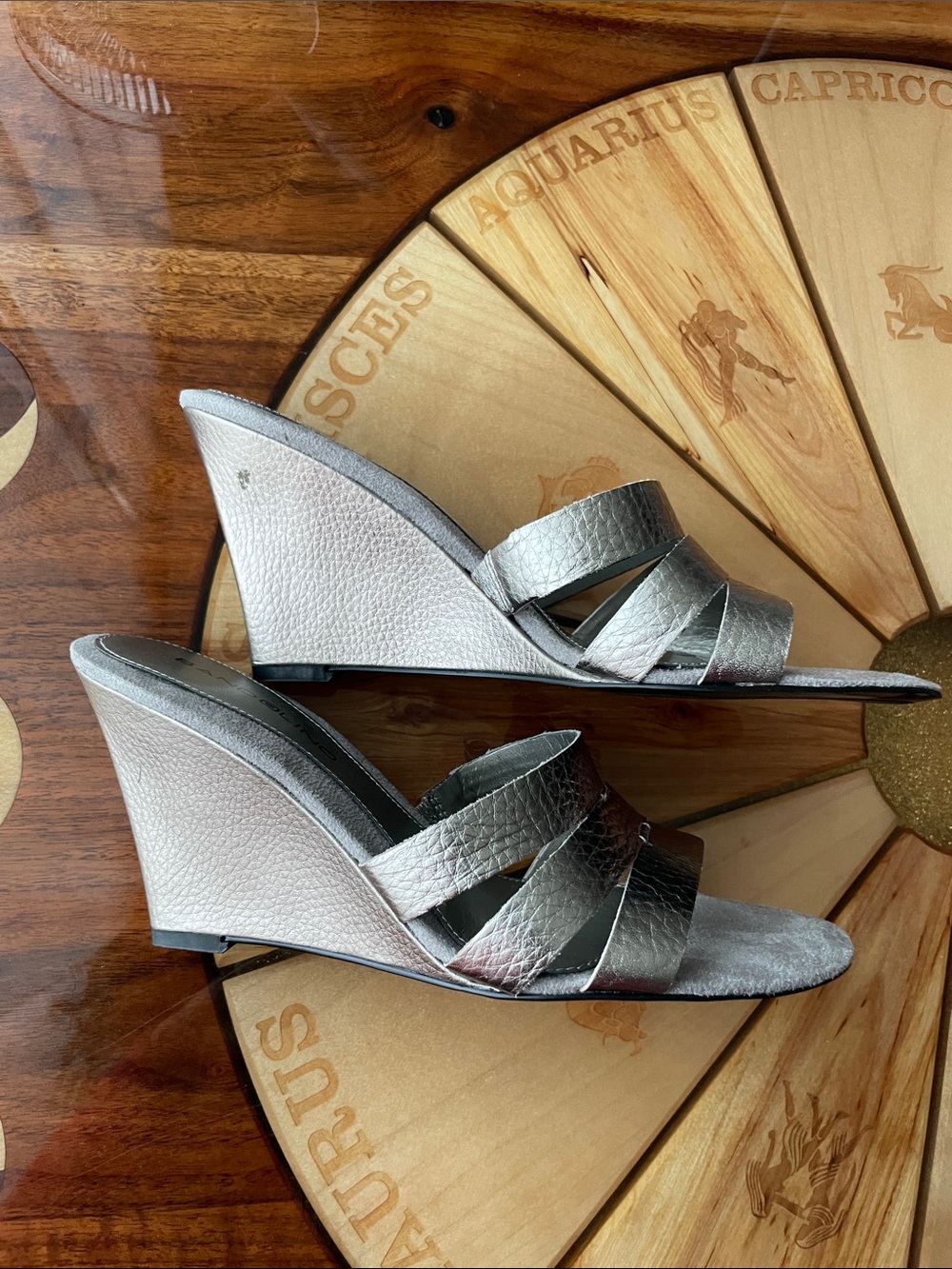 Silver Pewter Wedge Heels Leather Metallic